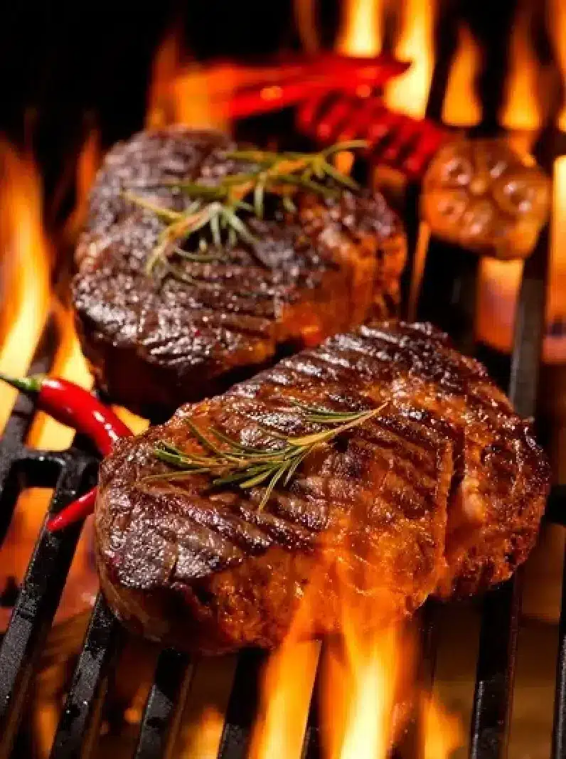 Hovädzie steaky grilované nad otvoreným ohňom na rozpálenom rošte