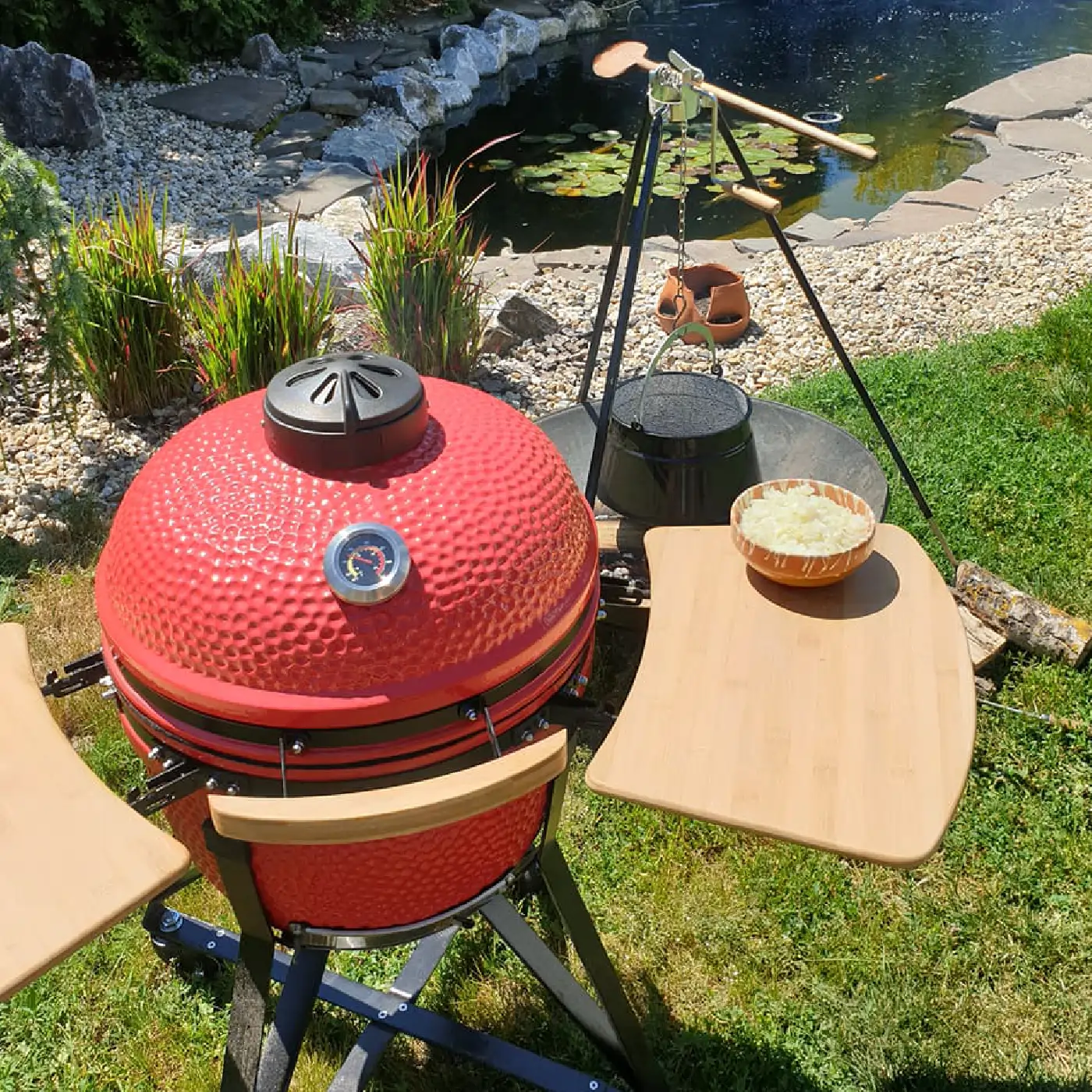 Kamado grill used outdoors for controlled low-temperature barbecue cooking
