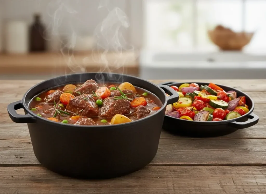 Braised meat in a cast-iron pot