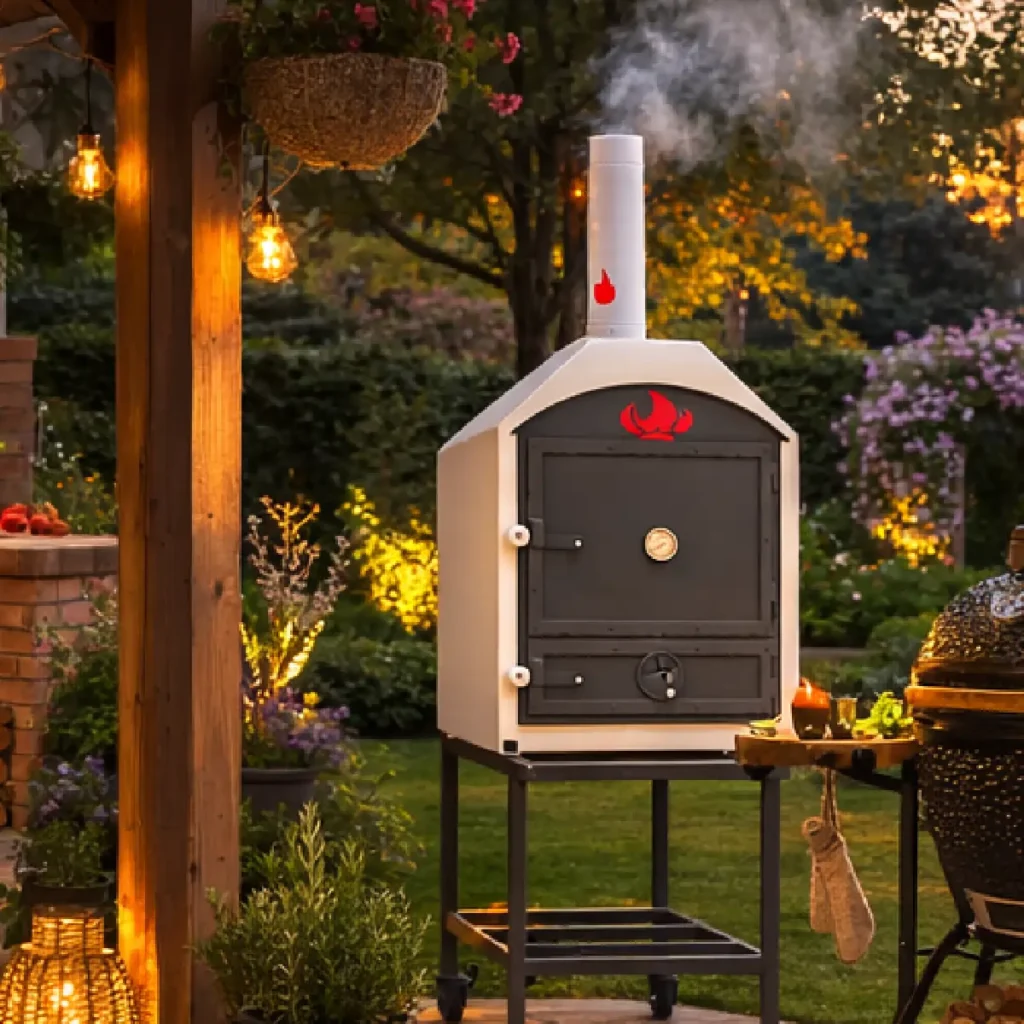 Tynker mobile wood-fired oven with several chimney outlet options