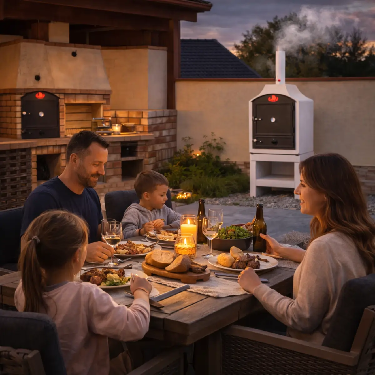 Outdoor kitchen with a built masonry oven, fixed installation and very high thermal mass