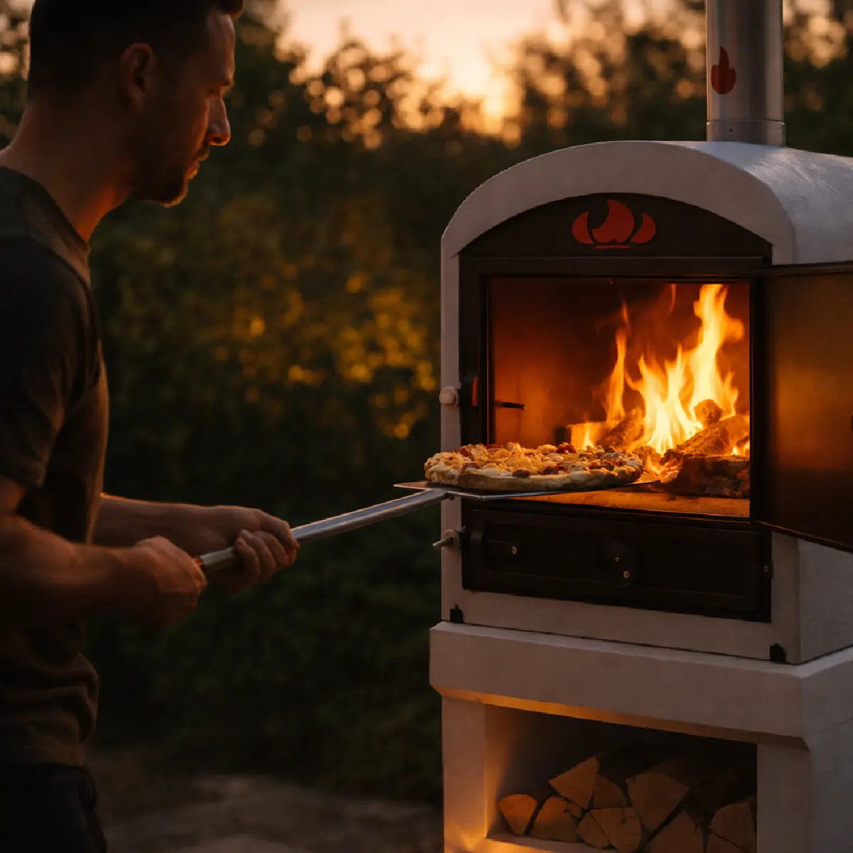 Tynker heat-storage wood-fired oven in outdoor use for pizza bread and meat