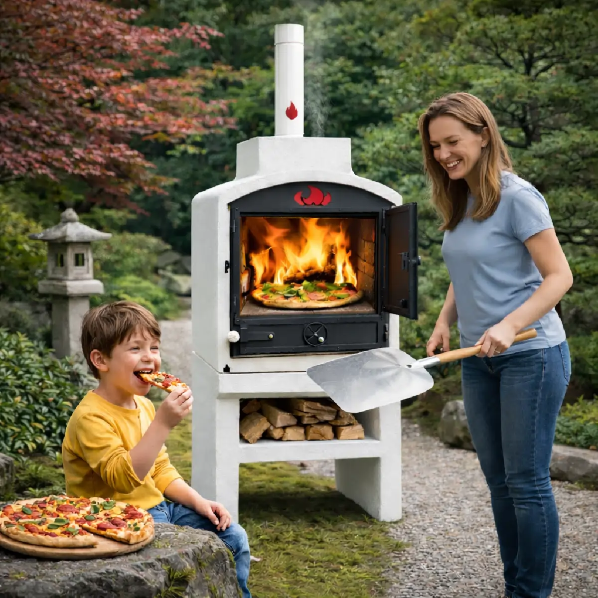 Pizza zone in a wood-fired oven between 280 and 320 degrees Celsius, with live heat, a gentle flame and fully heated firebrick