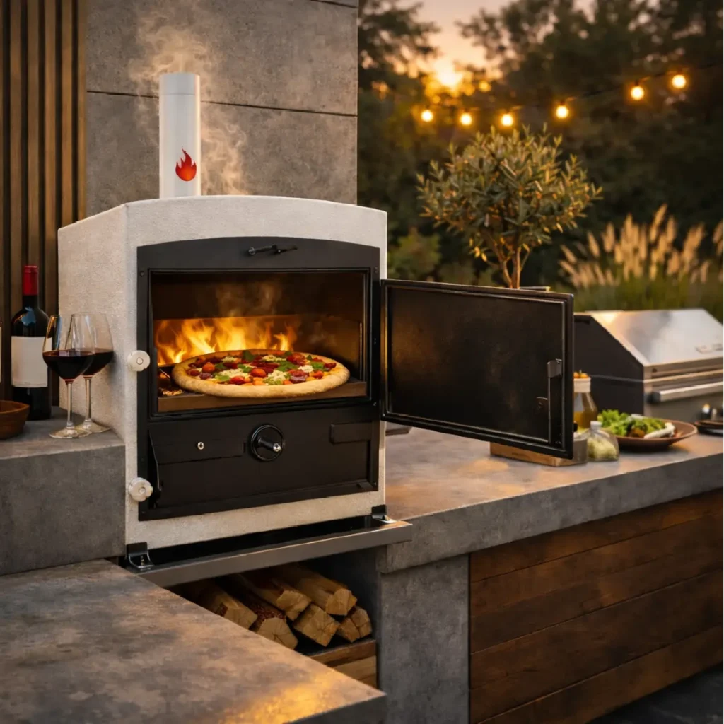 Pizza zone and live flame – 280–320°C, then baking with residual heat