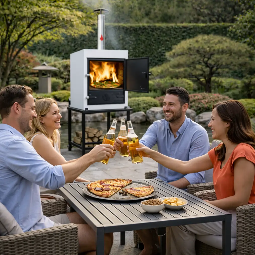 Tynker Kybos heat-storage wood-fired oven on a metal stand at an ideal working height