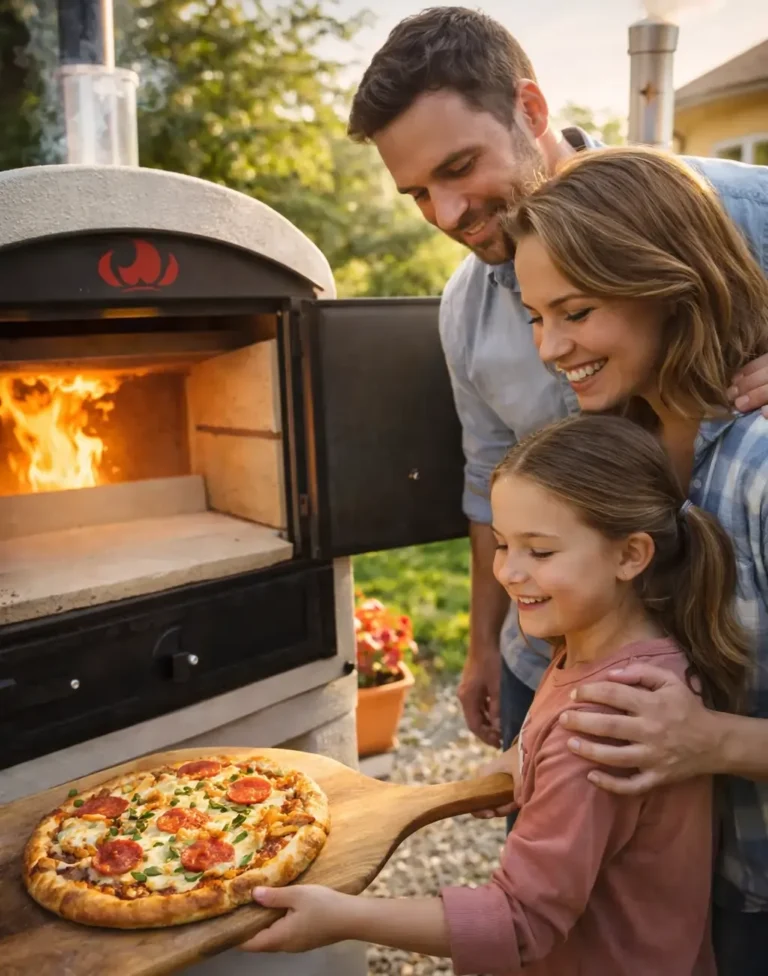Family pizza baking in the Tynker Etalon mobile wood-fired oven