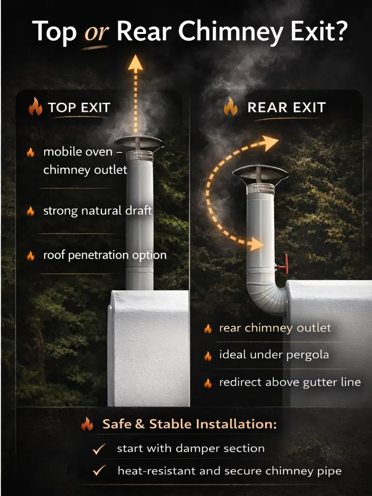 Graphic comparison of top and rear flue exit on a mobile wood-fired oven